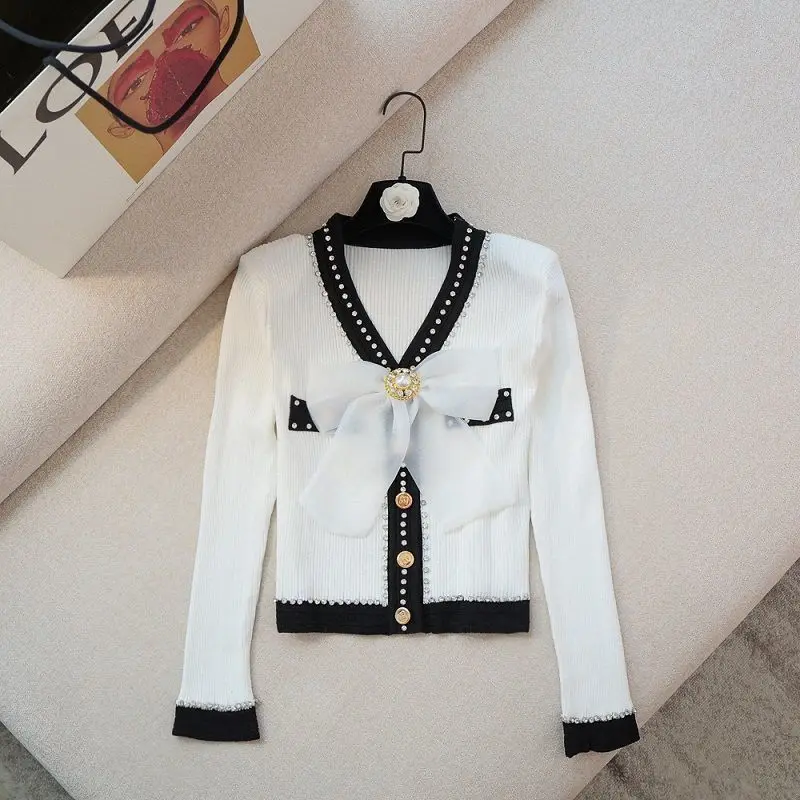 Autumn Summer Korean Fashion Women Long Short Sleeve Knitted Top Nail Drill Bow Tie Button Short Coat Slim Fit Sweater New