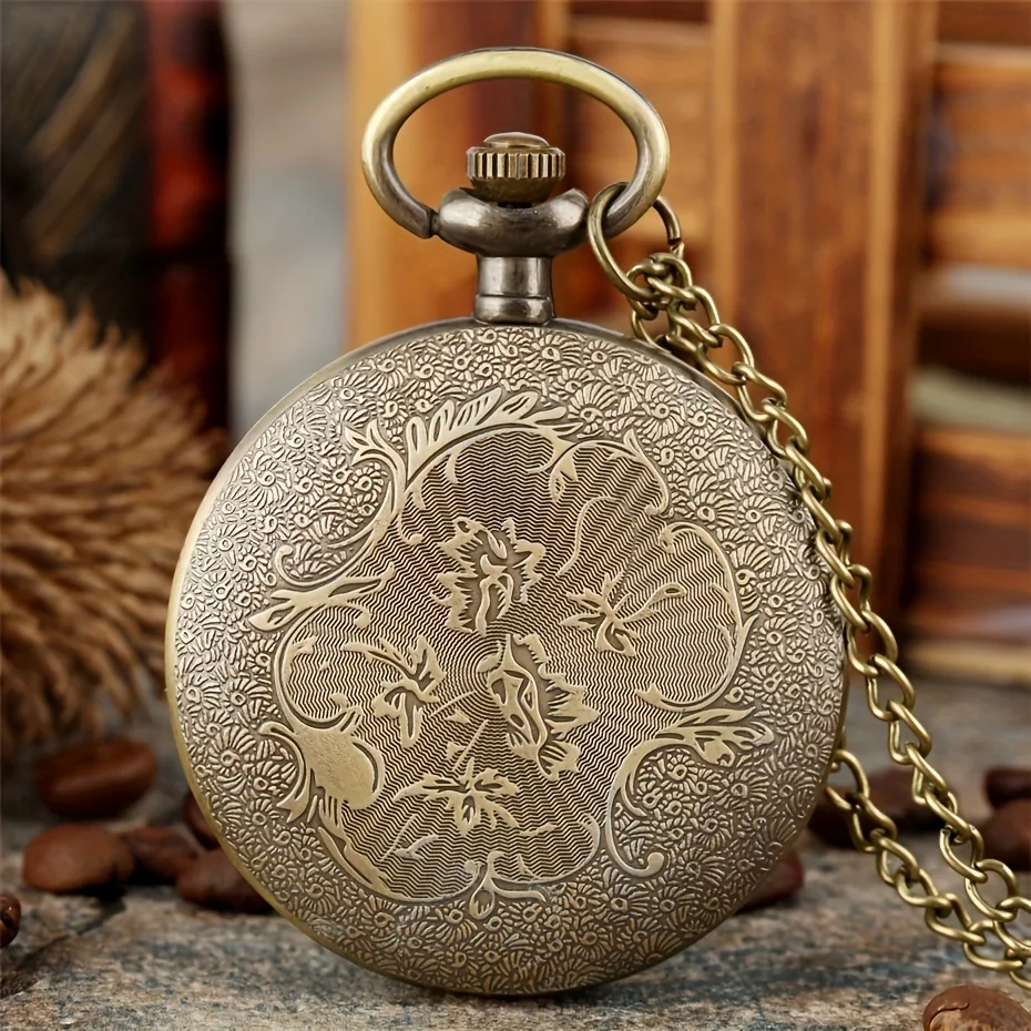 Vintage Bronz Men'S Quartz Pocket Watch with Roman Numerals, Round Alloy Case, Electronic Drive, Non-Waterproof, World-Time Feat