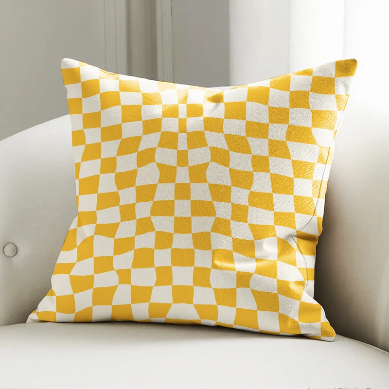 

Yellow Wavy Check Pillow Case Square Cushion Cover Soft Decor for Sofa Bedroom Home Decorative Throw Pillowcase