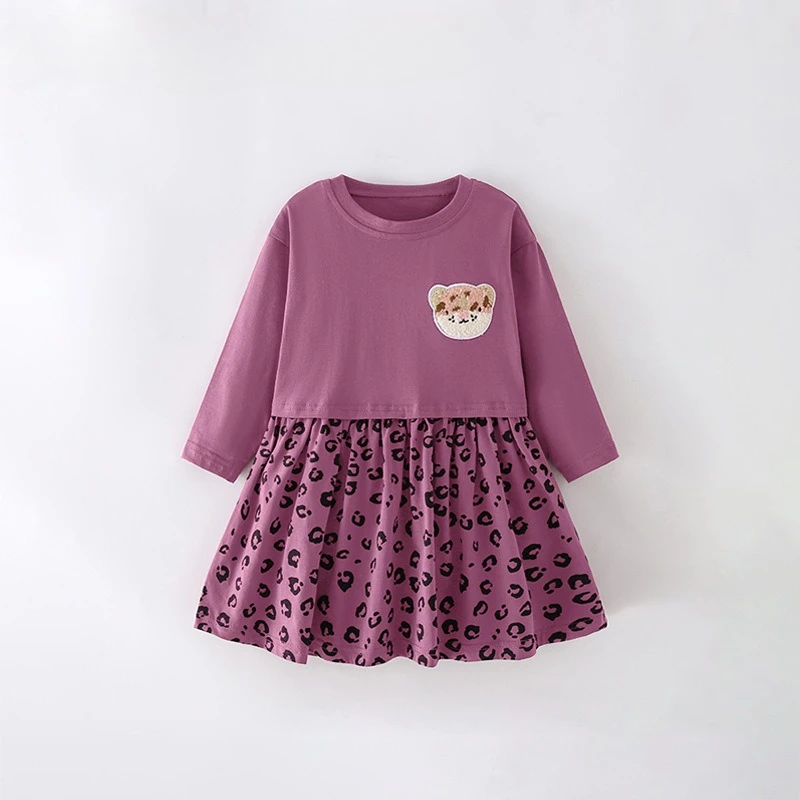 Girls Dress 2025 Spring Autumn New Europ-America Style Round Neck Leopard Pattern Long Sleeve Fashion Little Girls Dress
