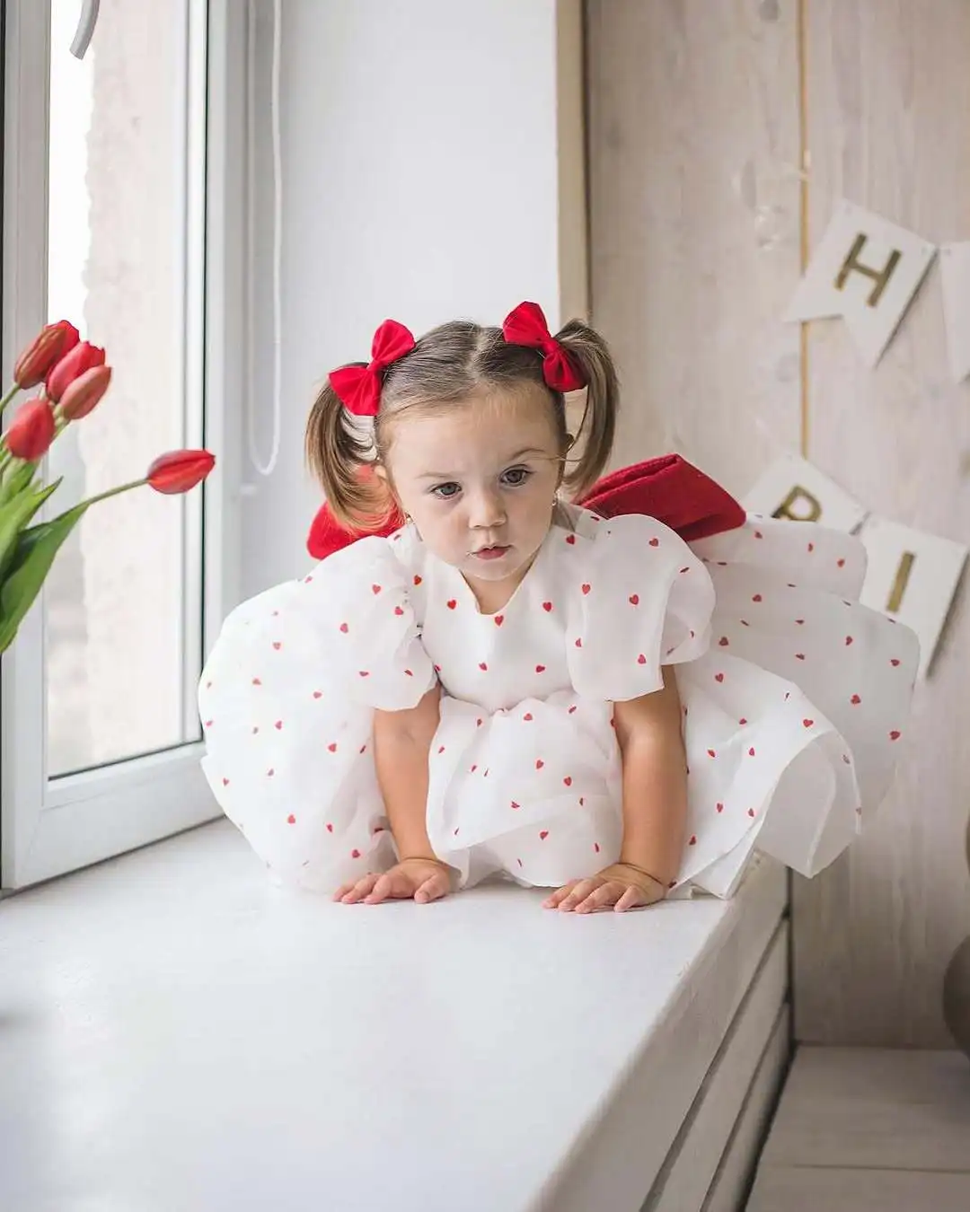 Robe de princesse personnalisée pour petites filles, à fleurs, à manches bouffantes, avec gros nœud, pour fête de 1er anniversaire