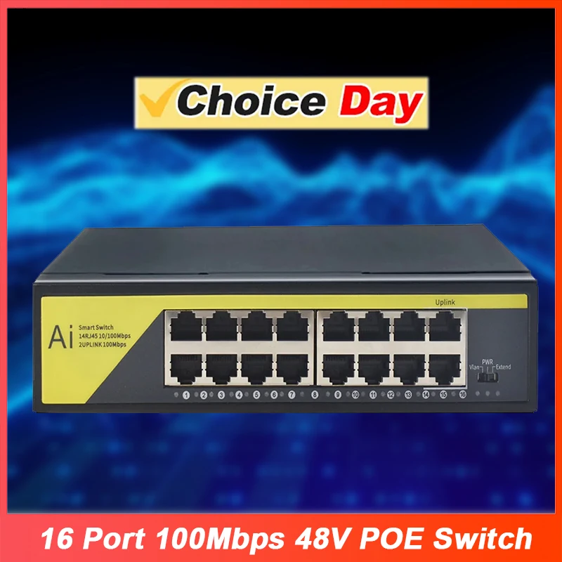 16 Port 48V POE Network Switch 10 100Mbps Ethernet Siwtch with UPLINK Port Support VLAN 250Meter Extend for AP Router IP Cameras