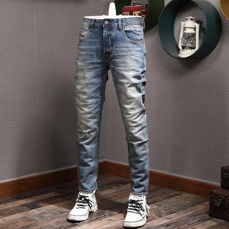 Street Fashion Men Jeans High Quality Elastic Slim Fit Retro Blue Ripped Jeans Men Trousers Vintage Designer Denim Pants Hombre
