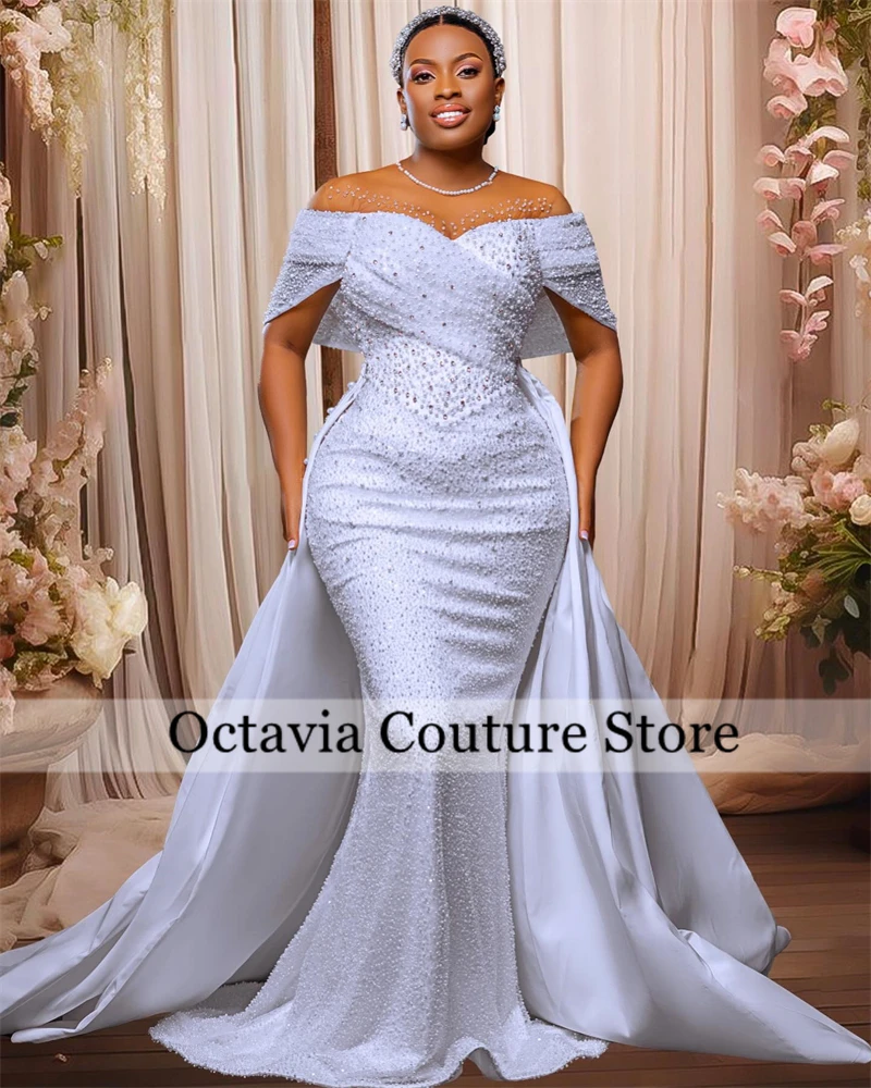 

White Off The Shoulder Pleat Wedding Dresses 2024 Bead Crystal Formal Gown Pearls Bridal Dresses With Detachable Tail Customized