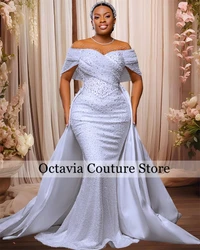 White Off The Shoulder Pleat Wedding Dresses 2024 Bead Crystal Formal Gown Pearls Bridal Dresses With Detachable Tail Customized