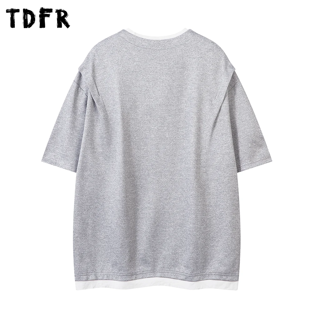 Fake Two Pieces Short Sleeve T-shirt Mens Spliced Summer Streetwear Crew Neck Loose Half-Sleeve Tshirt Men Tee