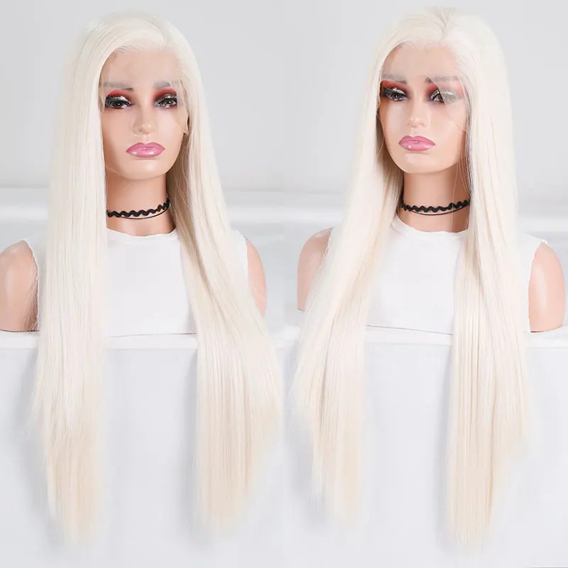 Natural White Straight Hair Wig Synthetic 13x4 Lace Front Wigs High Quality Heat Resistant Fiber Hair Side Parting For Women Use