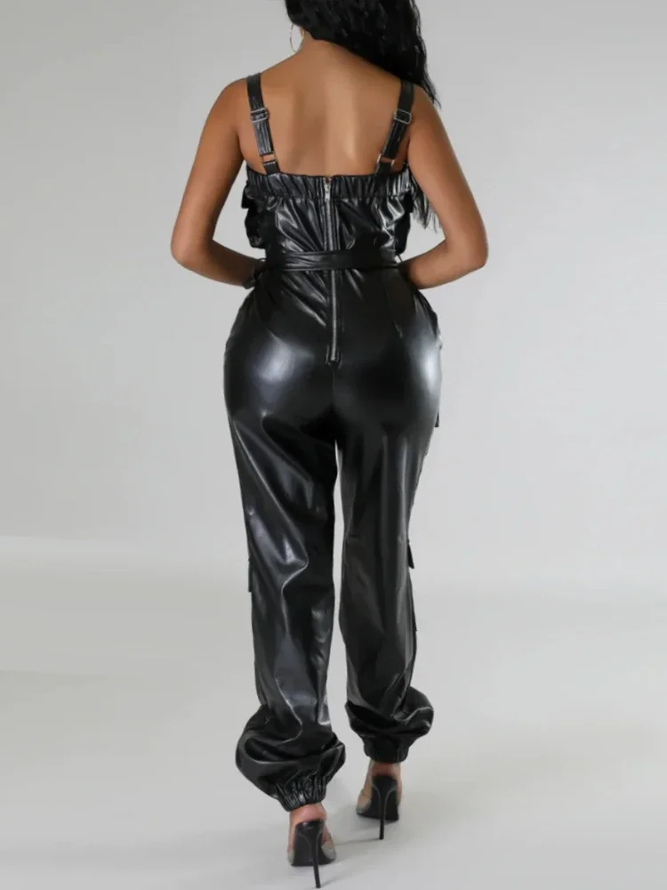 Black Matte Leather Cargo Pants Jumpsuit Women Stretch PU Rompers with Pocket Belt Ladies Chic Sleeveless Jumpsuits Party Custom