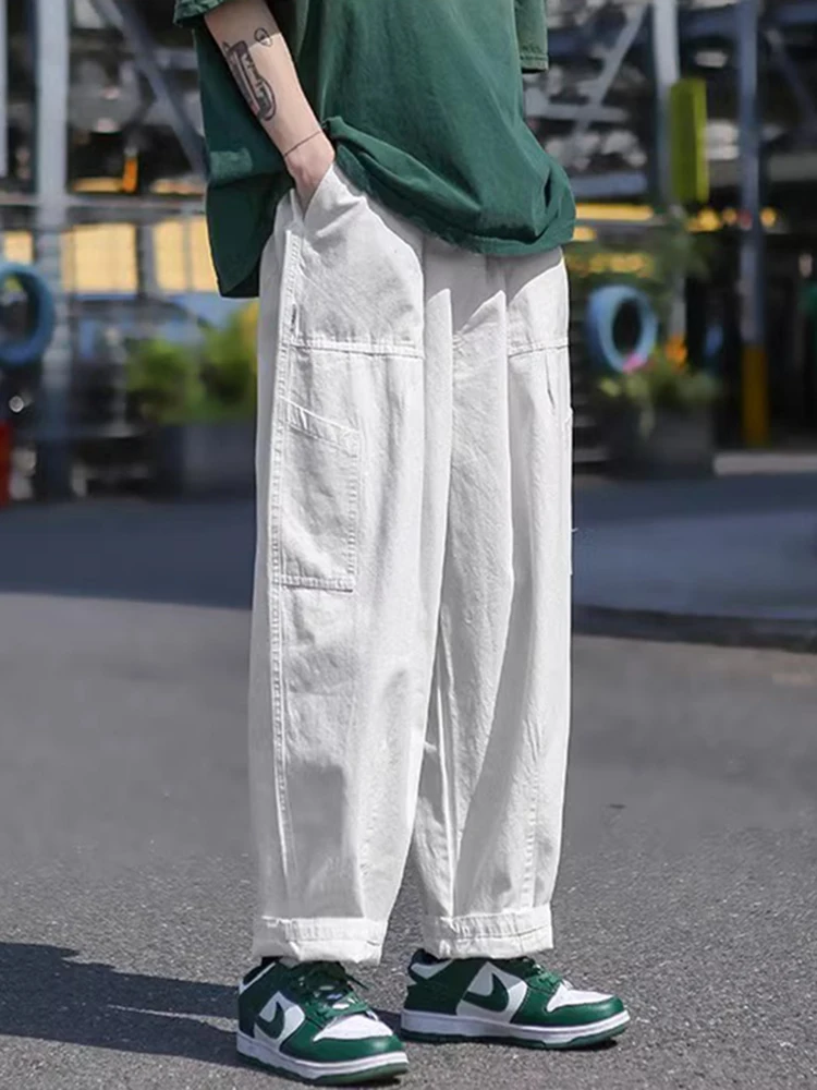 

Белые хлопковые брюки для спецодежды, мужские свободные прямые повседневные брюки, летние модные широкие брюки, свободный крой с девятью точками