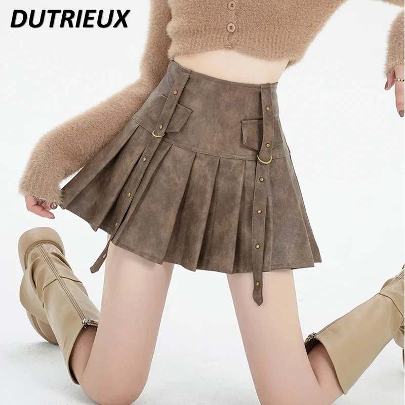 

Casual Short Solid Color Short Women's Skirts Autumn and Winter 2024 New Maillard Coffee Pu Leather Pleated Skirt for Lady