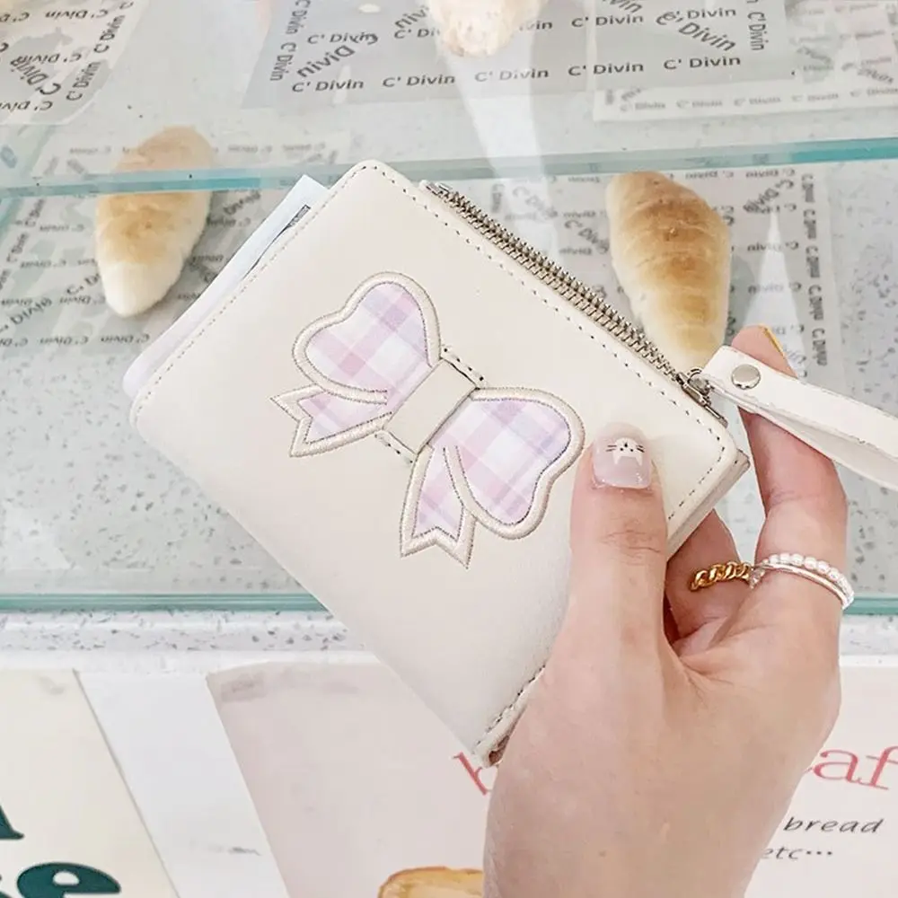 Корейский короткий женский кошелек с сердечком и бантом, складной кошелек с застежкой, клетчатый клатч, женский кошелек