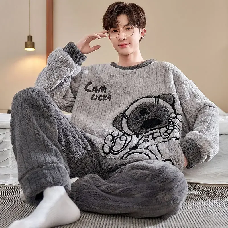 Winter Men's Pajamas Coral Velvet Reinforced Velvet Teen Student Cartoon Dinosaur Autumn and Winter Warm Home Wear Sleepwear