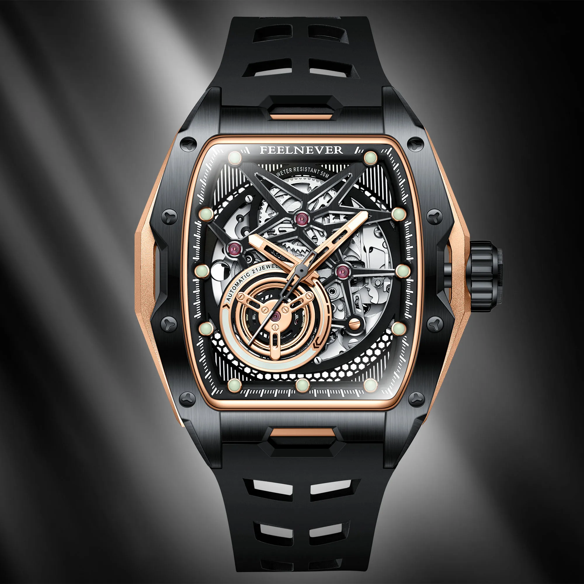 FeelNever Hollow Tourbillon Men's Watches Luxury Automatic Watch For Men Mechanical wristwatch Direction Sapphire Luminous Clock view 3