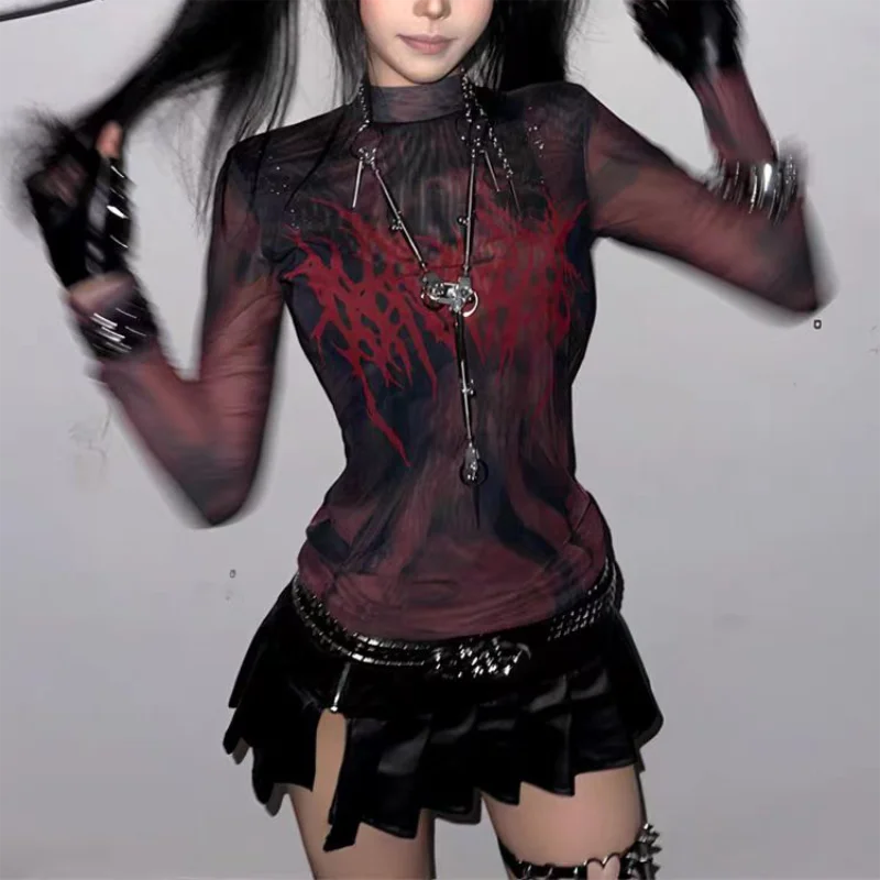 Grunge Ästhetik Druck T-shirt Vintage Gothic Red Mesh Streetwear Frauen Top Y2k Langarm Sheer Tops Punk – Detail 6