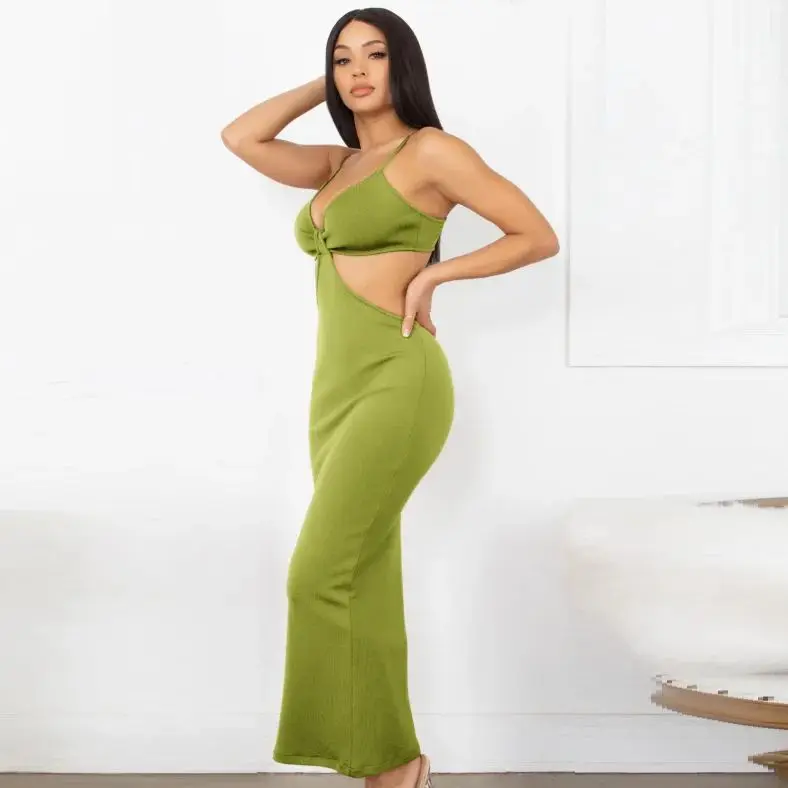 HQBORY elegante vestido largo verde militar con vendaje para mujer, vestido con abertura en la cerradura, sexy, con cuello en V, con lazo, para fiesta de noche, Vestidos tejidos ajustados