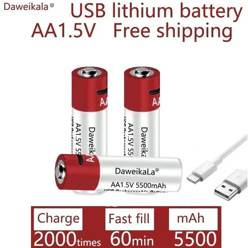 Новые перезаряжаемые батареи USB AA 1,5 В, 5500 мАч, литий-ионный аккумулятор для мыши с дистанционным управлением, электрическая игрушечная батарея + кабель Type-C