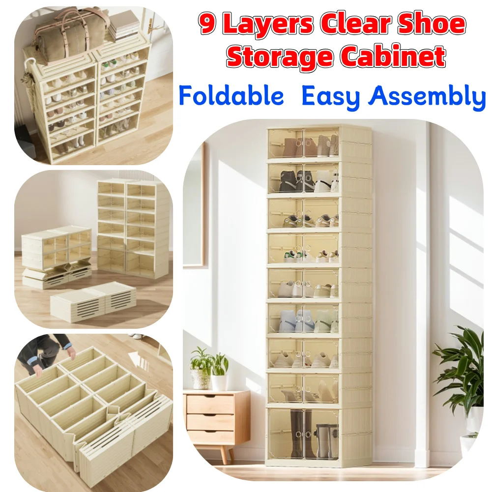 

9 Layers Clear Shoe Storage Cabinet Foldable Shoe Container Box Easy Assembly Large Size Shoe Rack with Lids Portable Shoe Rack