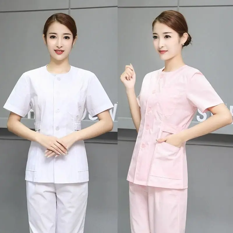 Collarless nurse uniform short sleeved women oral dental work uniform medical Nursing scrub sets Hospital Beauty Salon workwear