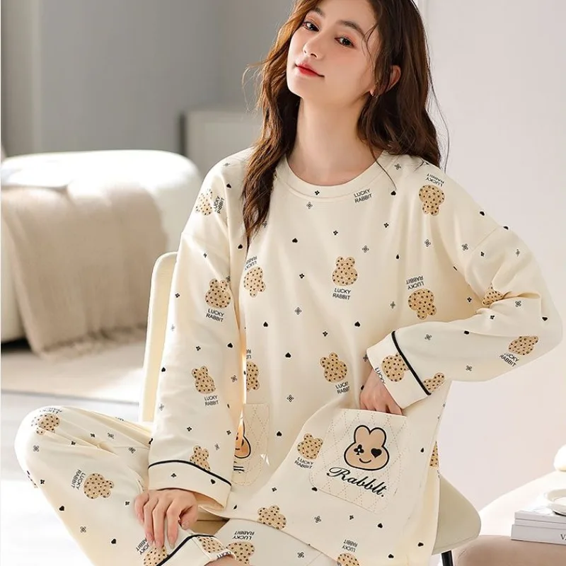 

2024 New 5XL Extra Large Size Long Sleeve Cotton Pajamas Women's Spring Autumn Plus Size Plus Loose Loungewear with Chest Pads