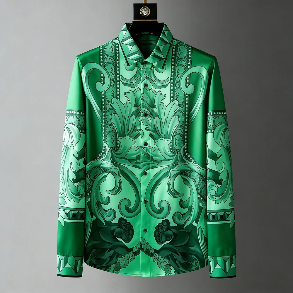 Men's New Light Luxury Retro Long-Sleeved Shirt European Style Palace Pattern High-Definition 3D Printed Shirt Hawaiian Outdoor