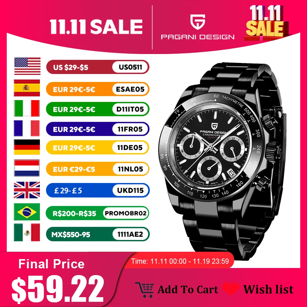 

PAGANI DESIGN 2025 New Black Mens Watches Brand Luxury Quartz Watch For Men Chronograph Sports Waterproof Luminous Reloj Hombre