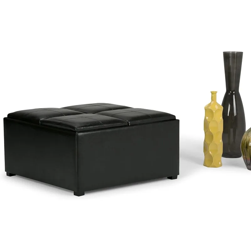 35 inch Wide Contemporary Square Coffee Table Storage Ottoman in Midnight Black Vegan Faux Leather for the Living Room