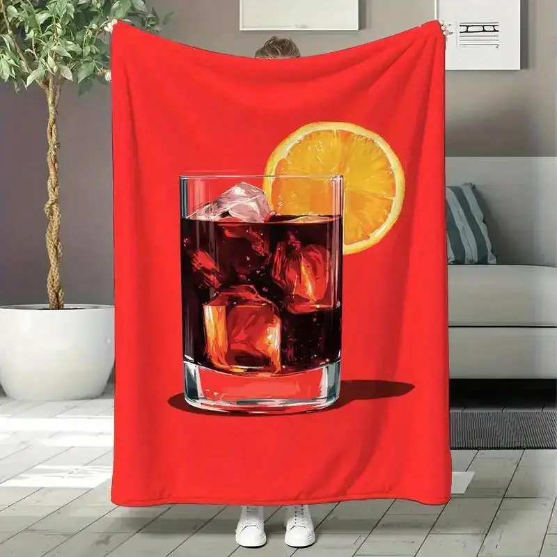 Whiskey Cocktail Fleece Blanket Red Background Glass Ice Orange Slice Soft Cozy Throw Bar Theme Decor Gift for Men and Drink