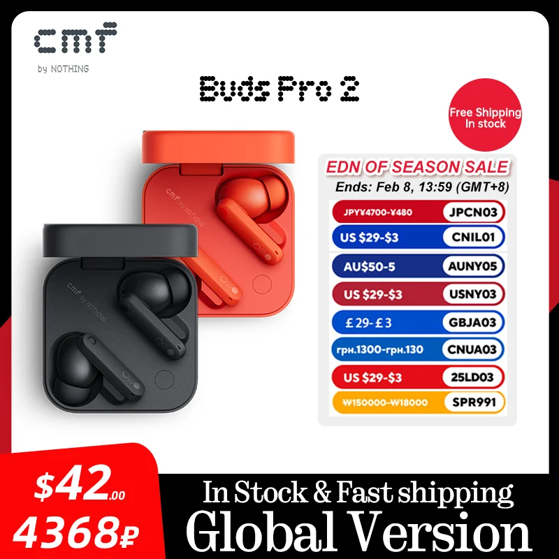 Global Verison CMF by Nothing Buds Pro 2 with 50 dB Hybrid Active Noise Cancellation 6 HD MICS IP55 Bluetooth 5.3 Buds Pro2