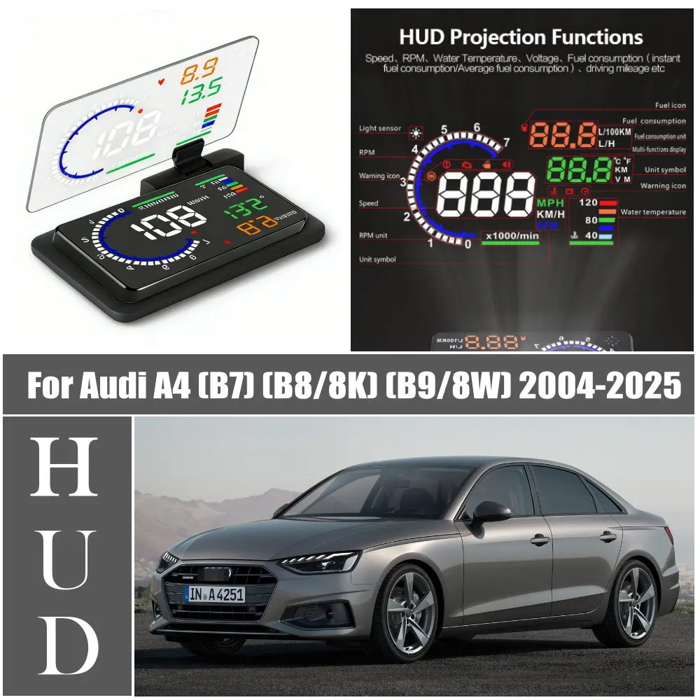 Car HUD Head Up Display LED Windshield Projection For Audi A4 (B7) 2004-2008 (B8/8K) 2007-2016 (B9/8W) 2015-2025