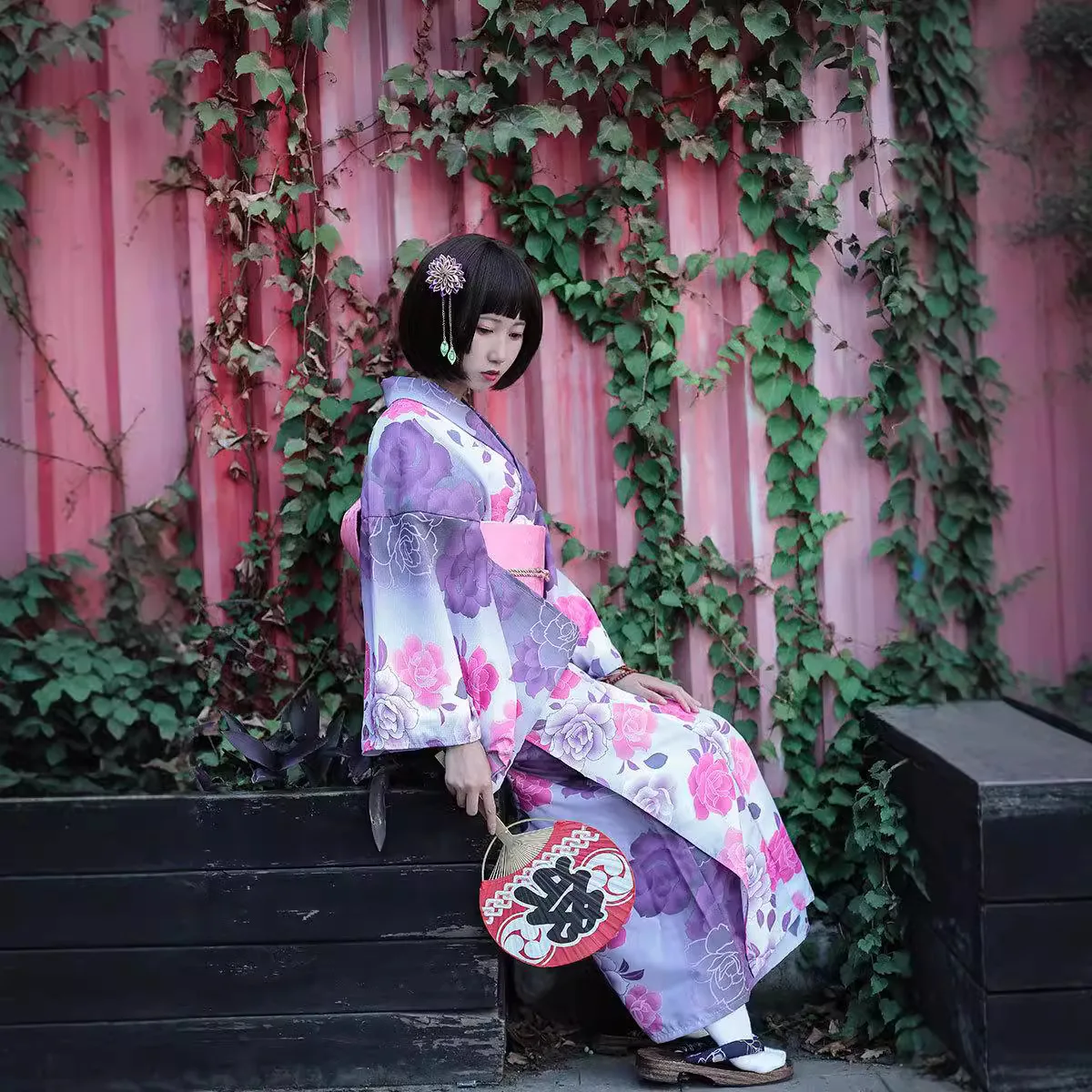 

Женское официальное кимоно, японский фиолетовый градиентный цветок юката, длина 140 см, полиэстер, традиционный летний халат