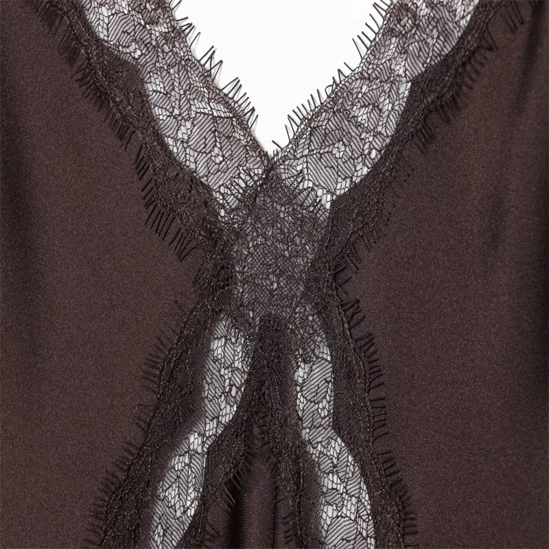 Women's Dark Brown Satin Slip Dress with Lace Trim, Spaghetti Strap V-Neck Maxi Dress, Elegant Nightwear & Party Dress"