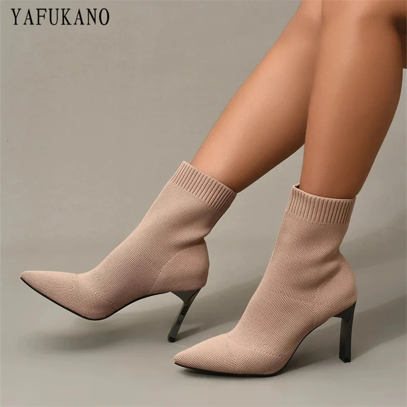 Minimalist Knit Design Chunky Sock Boots Metal Blade Heels Women Stretch Fabric Elastic Pointed Toe Ankle Boots Plus Size 34-41