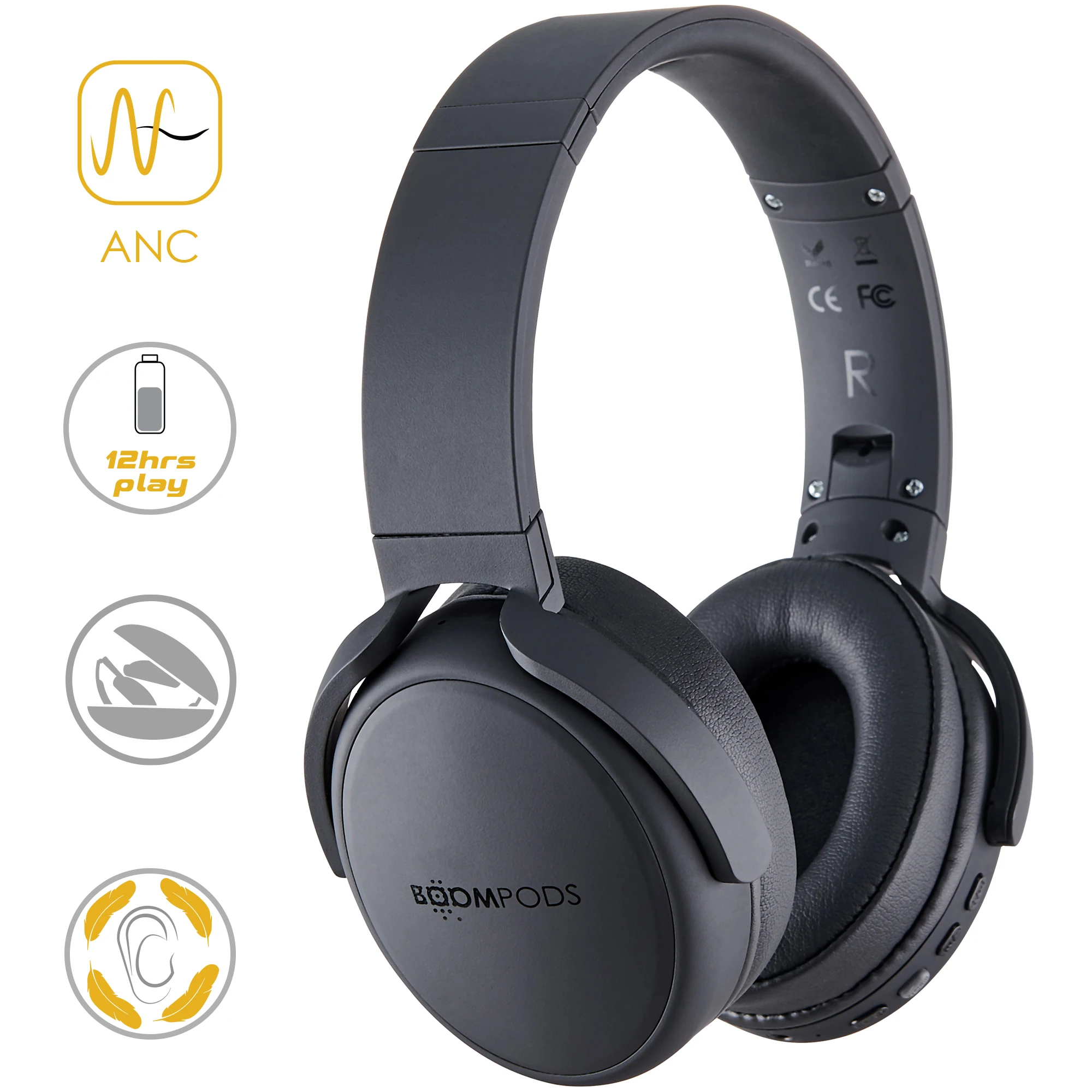 Boompods ANC Wireless Headphones Foldable Bluetooth 5.2 BASS Mode Hifi Stereo Headset Over the Ear Gaming Earphones EVA ZIP CASE