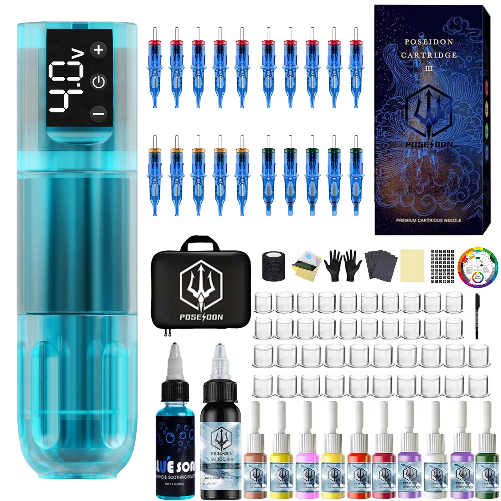 

Tattoo Kit POSEIDON New Blue Tattoo Pen Kit For Permanent Makeup Tattoo Machine Kit transparently Tattoo Power Supply Tattoo Kit