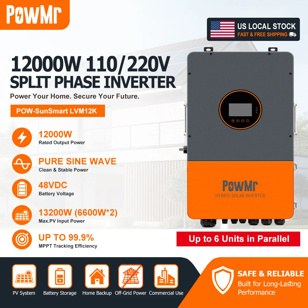 PowMr 12KW 48V Split Phase Solar Inverter 110/220V Pure Sine Wave Max 13200W PV Power for Off-Grid Energy Storage Inverter with Dual MPPT 200A Controller UL Certified Up to 6 Units Parallel for Home Backup IP65 Protection