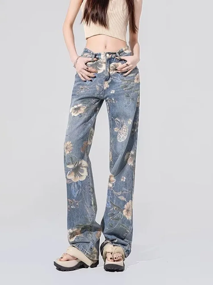 

Street Printed Jeans, Female Niche Design, Trendy Vibe High Waisted Drape, Straight Leg Wide Leg Long Pants, Women's Jeans