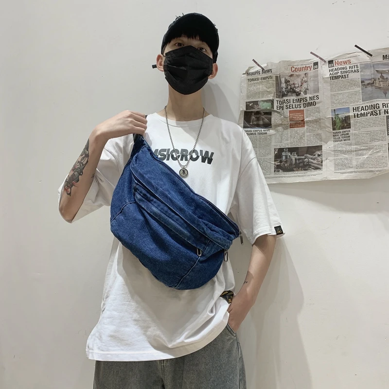 Belt Canvas Women's Bag Eco Bag Korean Messenger Bag Y2K Shoulder Cross Bag Chest Pack Zipper Purse Unisex Satchel Denim Pockets image 2