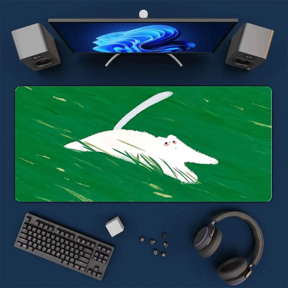 

Милый белый кот в траве, большой коврик для стола, кавайный зеленый удлиненный коврик для мыши