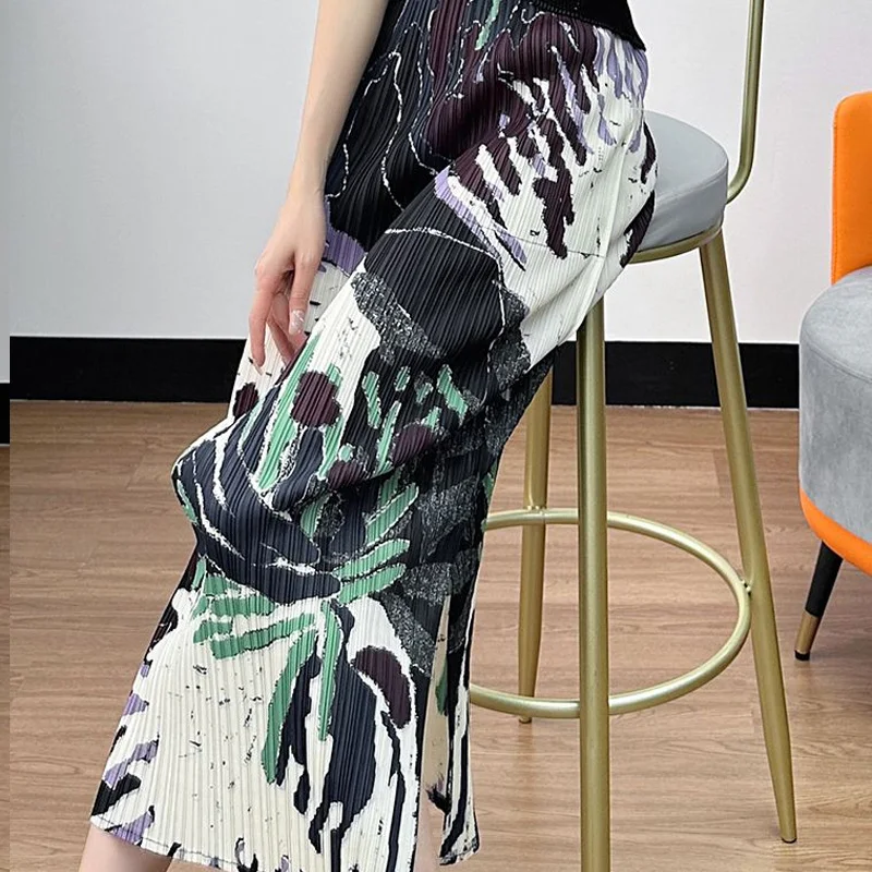 Summer New Multicolor Elastic Waist Printing A-line Skirt Women High Street Casual Pleated High Waist All-match Hip Wrap Skirt