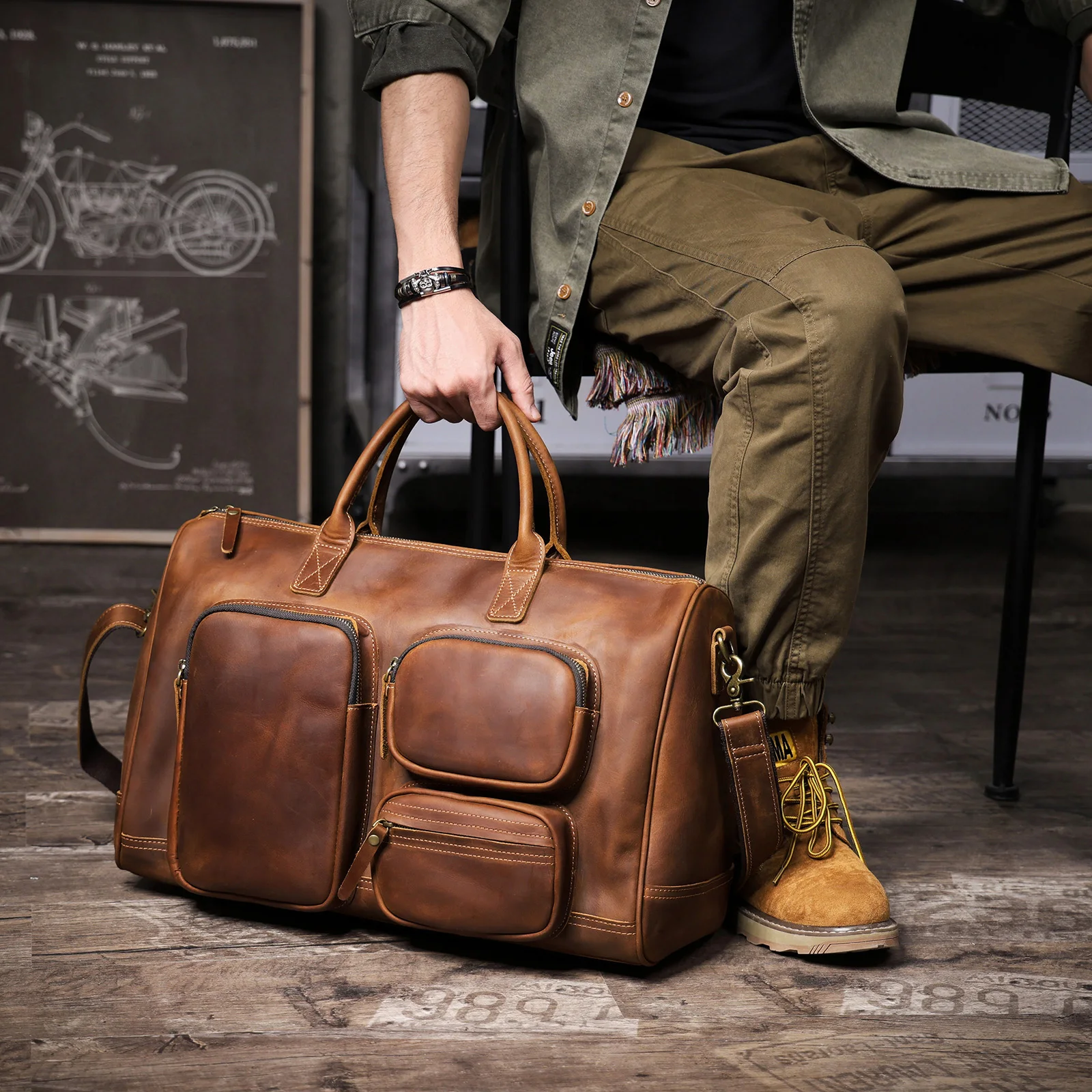 S.WORKER Premium Echtleder Business-Handtasche Vintage Herren Vollnarbenleder-Aktentasche für Geschäftsarbeit 16" Laptop-Tasche – Detail 6