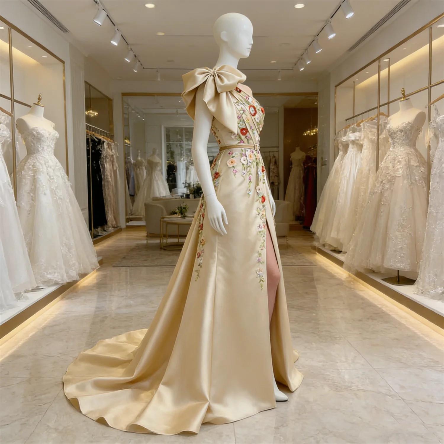 

Вечернее платье цвета шампань с одним открытым плечом, пайетками и аппликациями, А-силуэт, с высоким разрезом, для выпускного вечера, нарядное, на заказ