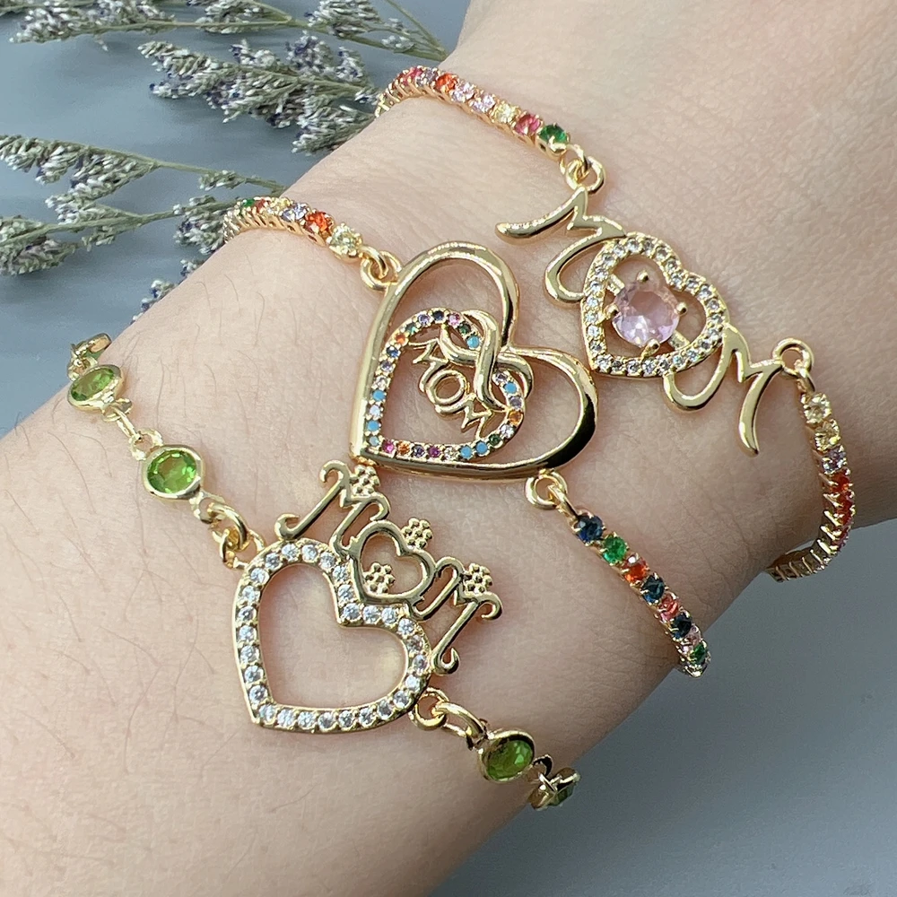 

Mother's Day Zircon Adjustable Box Chain Love Heart MOM Letter Charm Bracelet For Women Jewelry Gifts