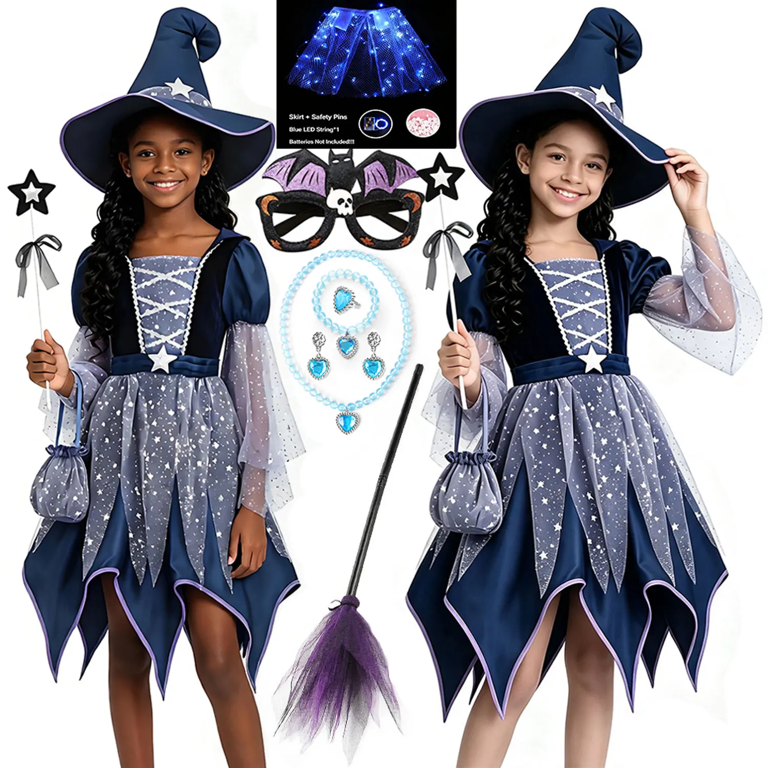 Classic Blue Long‑Sleeve Witch Princess Dress Set Cute Outfit Halloween Girls Cosplay Dress With Hat And Broom 3‑Piece Dress