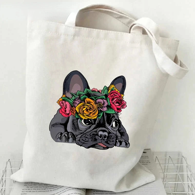 French Bulldog Shopping Shoulder Bag Fashionable and Cute Canvas Bag Student Ladies and Girls Friend Gift Storage Cartoon Bag