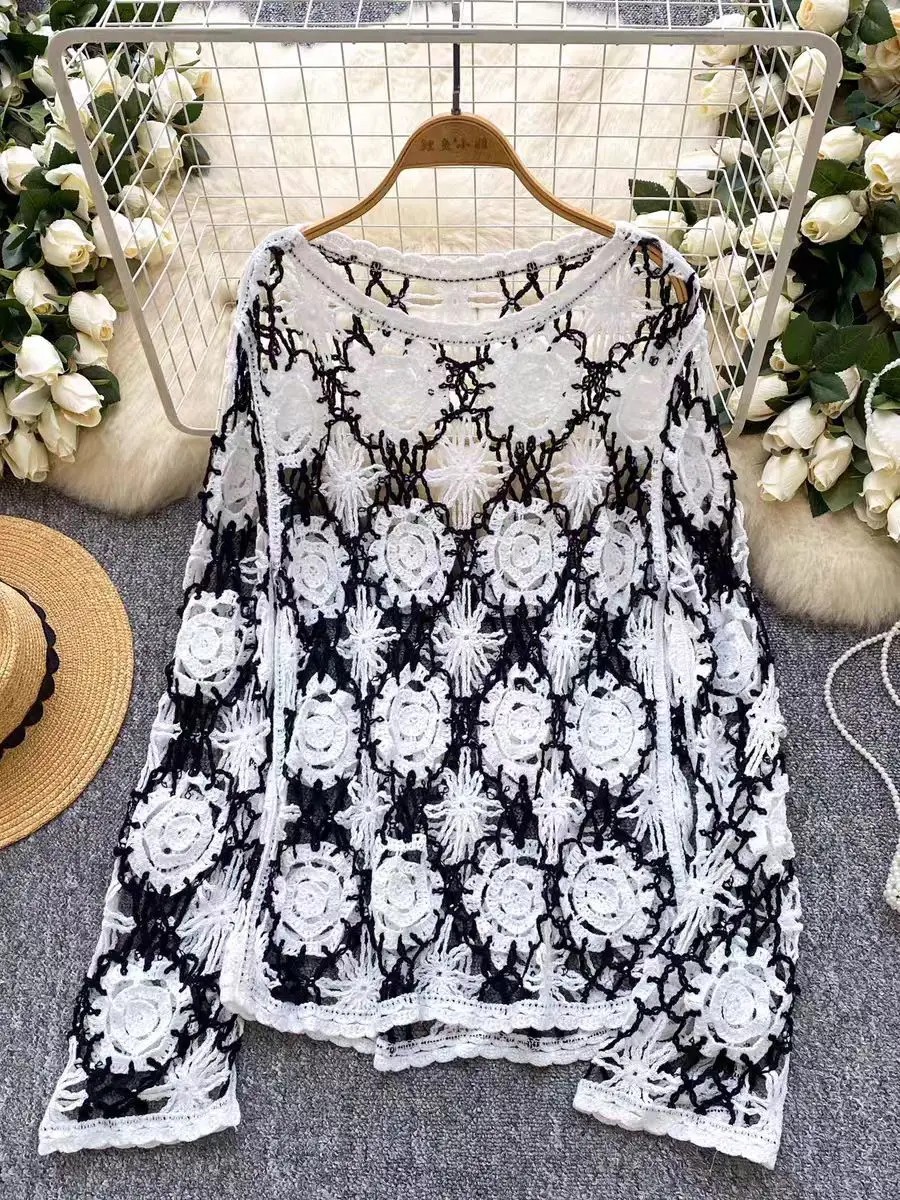 Suéter de malha de crochê com margaridas, manga longa, transparente, malha aberta, pulôver para mulheres, adolescentes, saída boho, roupa de praia