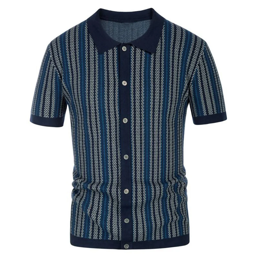 Men's high-end short-sleeved knitwear Summer new striped jacquard business shirt Fashion commuter men's top