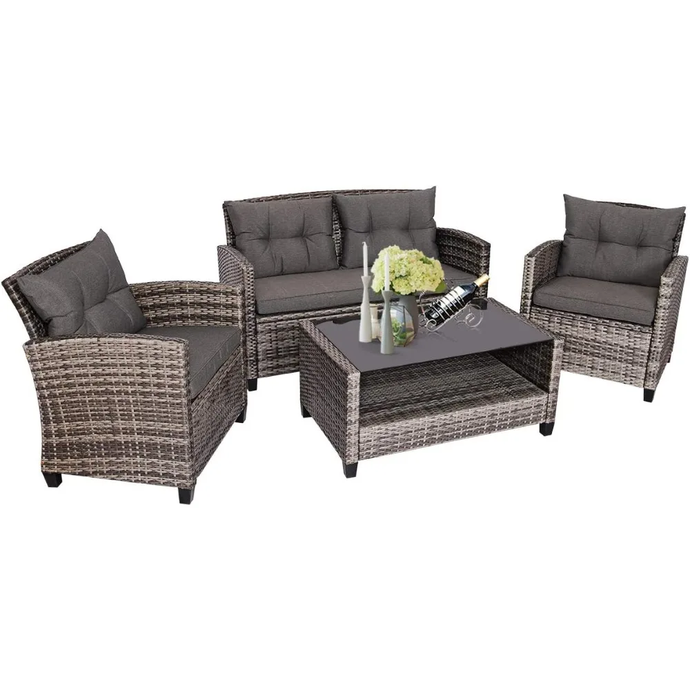 

4 PCS Patio Wicker Conversation Furniture Set, Outdoor Rattan Sofa Set with Padded Cushion & Tempered Glass Coffee Table, Wicke