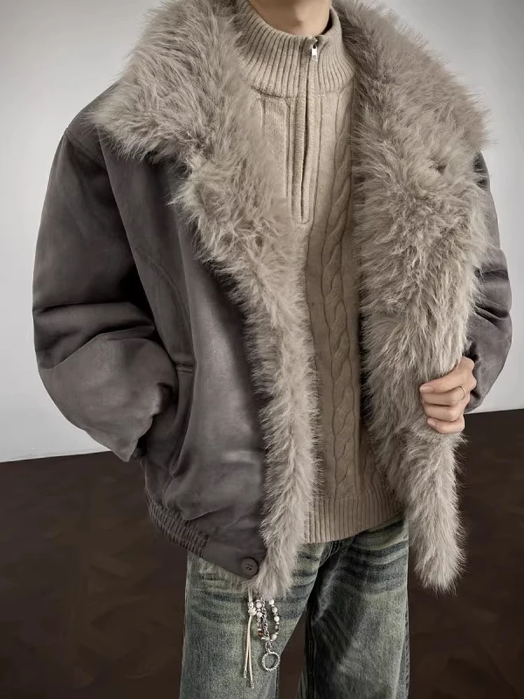 

Warmth Thiened Men's Cotton Jaet American Retro Suede Winter Coat with Fur Collar Cleanfit Cotton Clothes Loose Fit Long ...