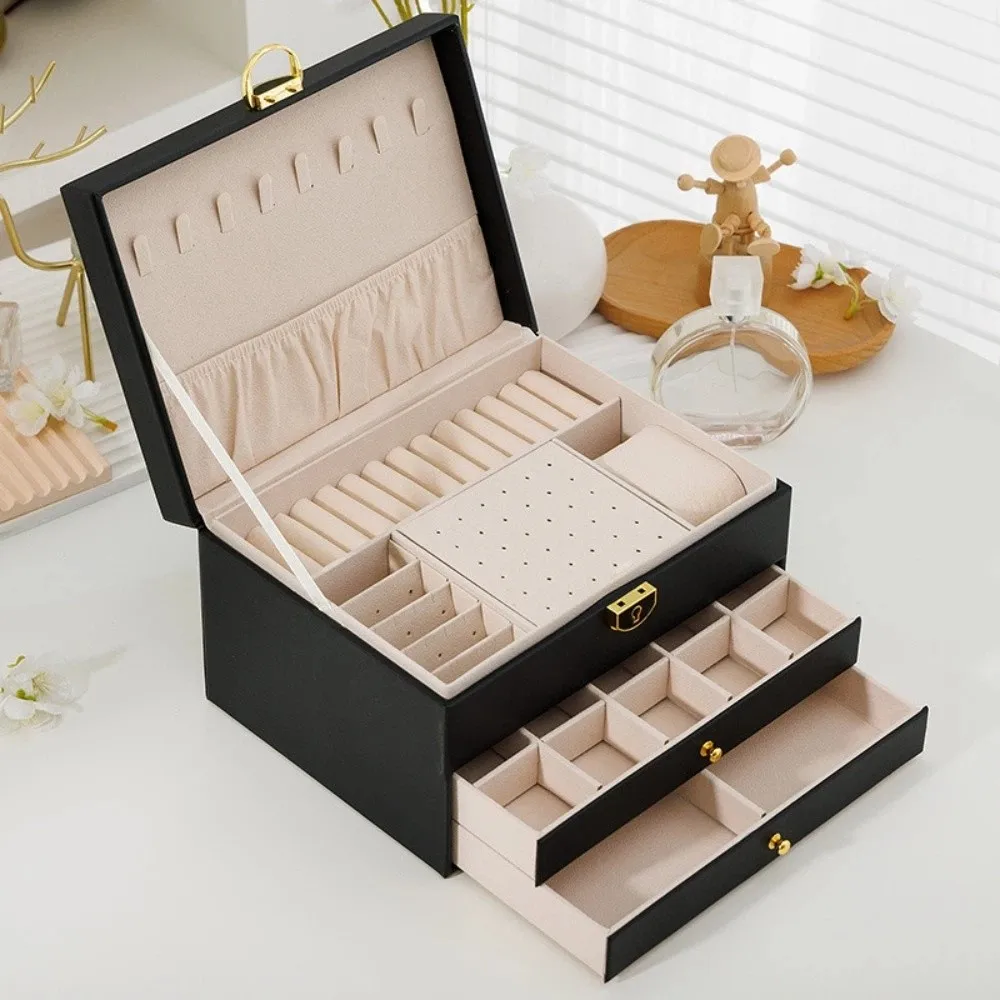 

Three-layer Jewelry Storage Box Earring & Necklace Storage​ with Key​ Jewelry Organizer PU Leather Handheld Travel Jewelry Box​
