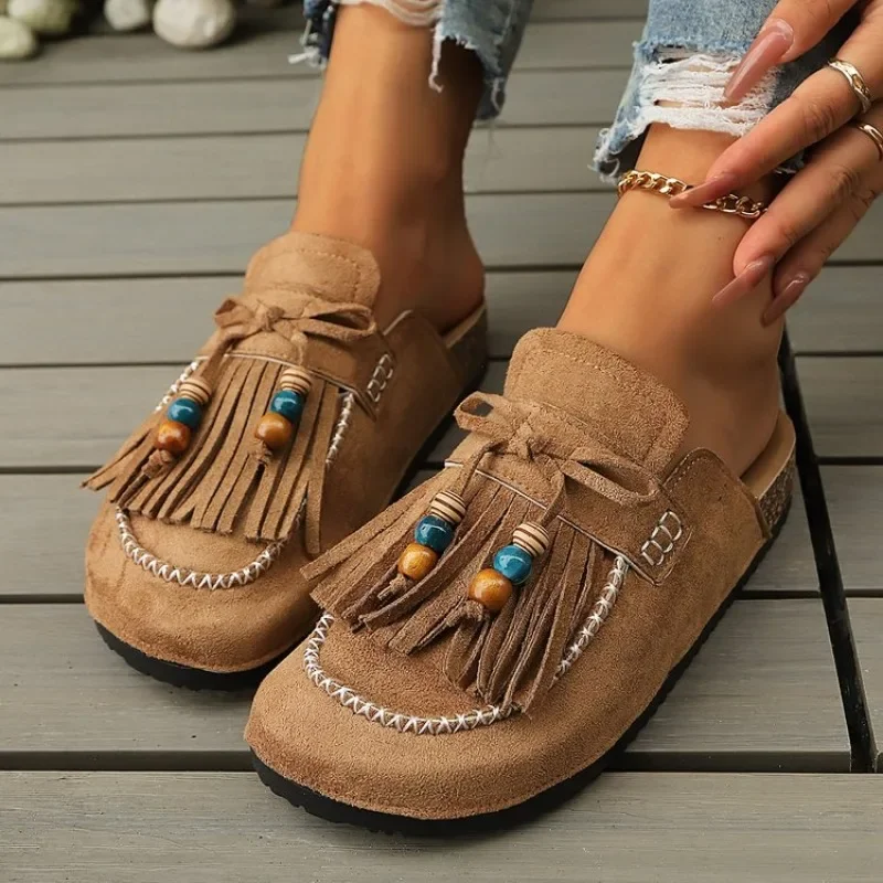 Damen Vintage Quasten-Wildleder-Clogs, Geschlossene Zehenpartie Korksohlen-Mules, Rutschfeste Slip-On-Hausschuhe für Innen- und Außenbereich Freizeitkleidung – Detail 7